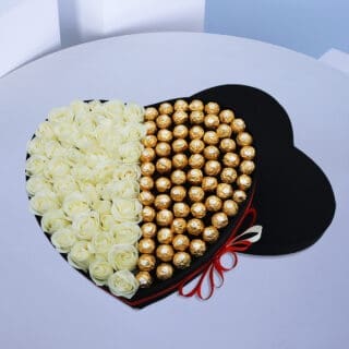 Heart Shaped Box of White Roses with Ferrero