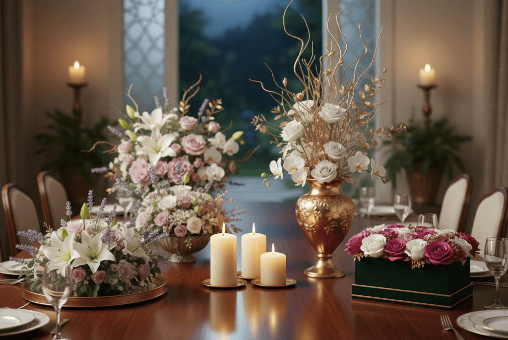 Elegant Ramadan Iftar table centerpiece with white flowers, candles, and crescent moon decor