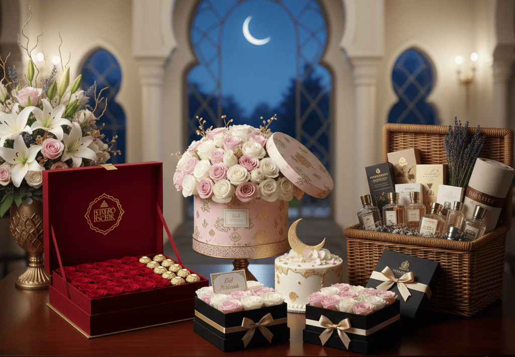 Luxury premium rose box with elegant red roses and gold Eid Al Fitr decoration