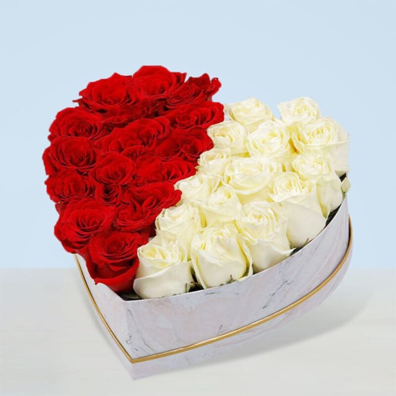 Half Red and White Roses In Marbled Box Red and White Color Heart Shape Flower Gifts