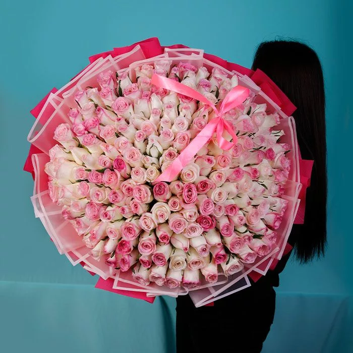affluence_pink_bouquet_3_-jpg Bouquet of 150 pink and white roses, wrapped in transparent, dark and baby pink paper and a pink ribbon on top.