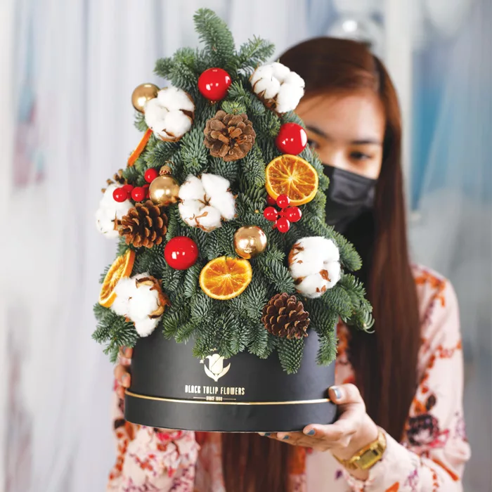30 new A girl joyfully holds a Mini Jolly Tree adorned with pine cones, dried oranges, cotton flowers, and colourful decorations.
