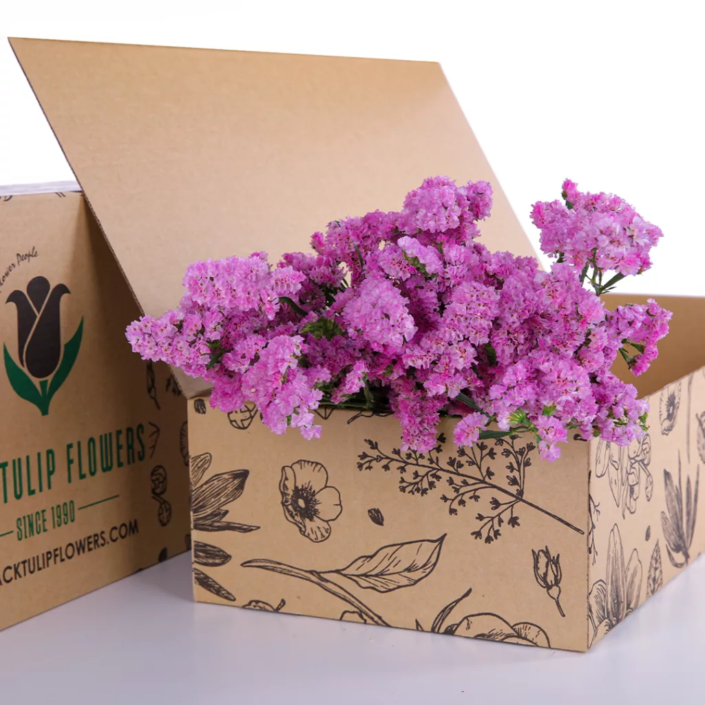 Statice Pink A bunch of pink Statice flowers arranged in a cardboard box, emphasizing their beauty and freshness.