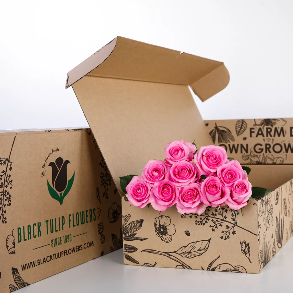 Rose Pink 10 Pink Flower Stems with Flower Food in a brown box to make your own bouquet.