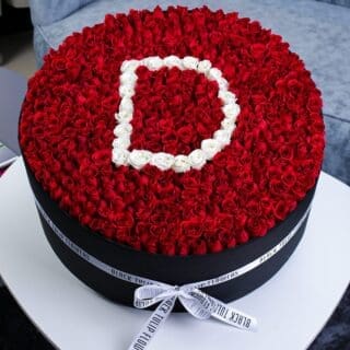 Darling Round Red Rose Box Arrangement With Letter D in White