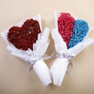 Twin heart-shaped bouquets of gypsophila, one red and one blue, wrapped in white paper.
