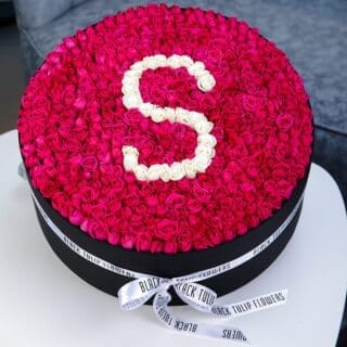 Spectacular Round Red Rose Box Arrangement With Letter S in White