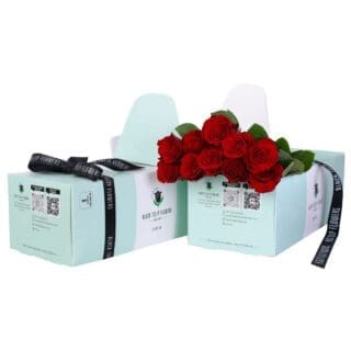 Bright bunch of 10 red roses in a green box, perfect for any arrangement with flower food.