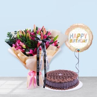 Stargazer Lilies with Birthday Cake and Balloon