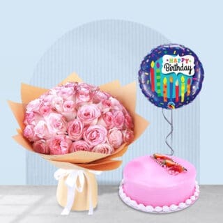 Pink rose bouquet, strawberry cake, and balloons: A perfect birthday gift.