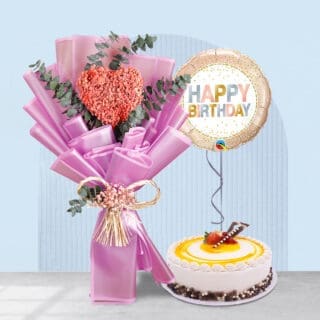 Gypsophila Bouquet with Cake and Balloon