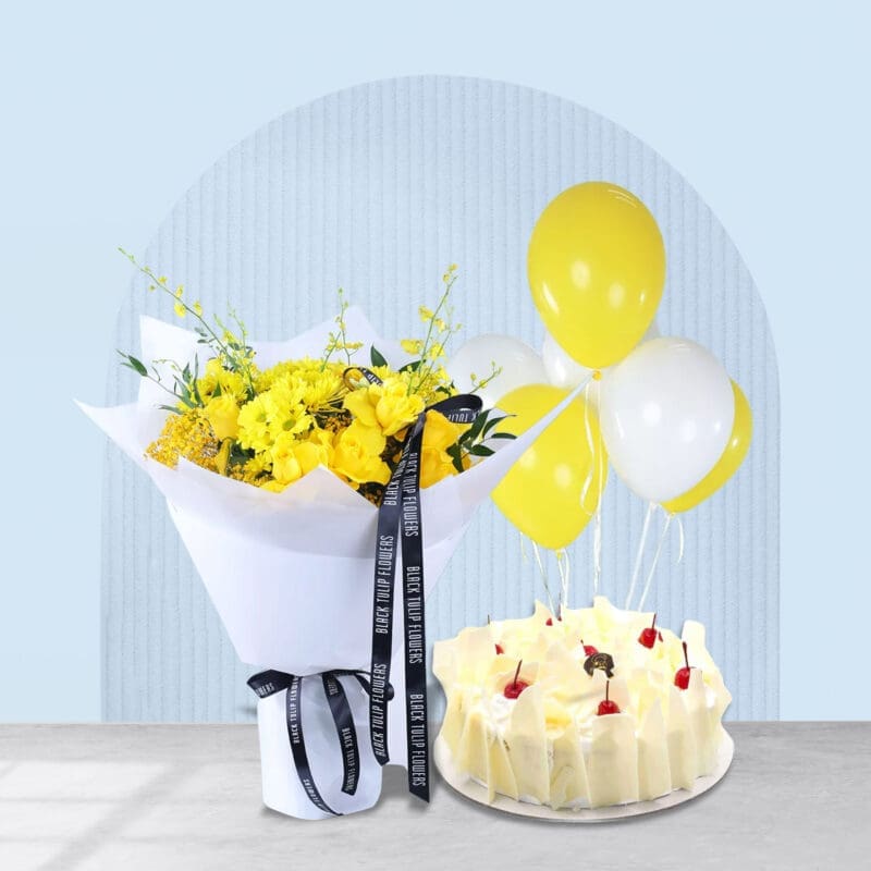 2 (1) Yellow theme birthday flower bouquet in white wrap with cake and balloons.
