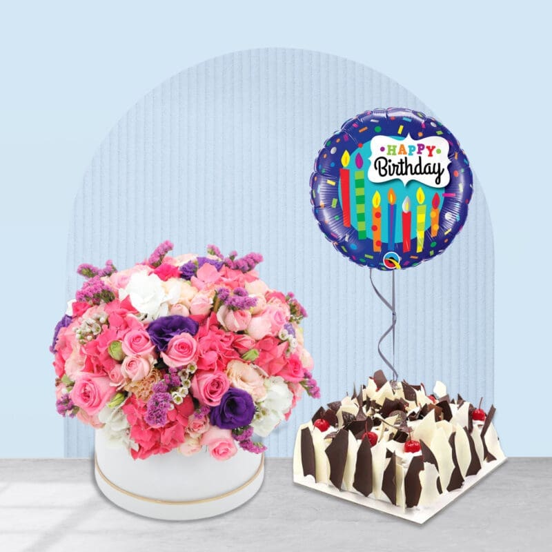 2 (19) A stunning birthday bouquet with hydrangeas, pink and baby roses, lisianthus, wax flowers, statics, and a Phalaenopsis orchid, plus a 1 kg cake and balloon.