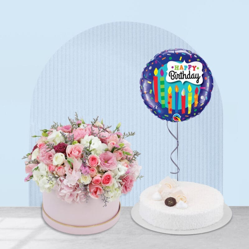 2 (8) Pastel Petals Paradise Box with Raffaello cake and balloons: A perfect birthday surprise.