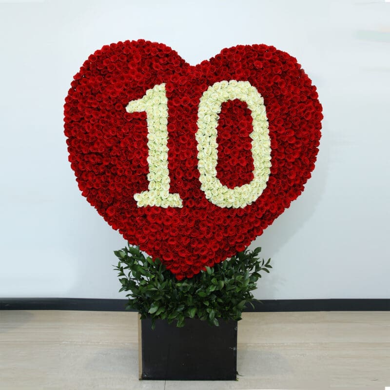 01 Red Rose Heart Arrangement With number 10 in White