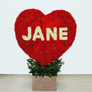 Red Rose Heart Arrangement With a name JANE in white