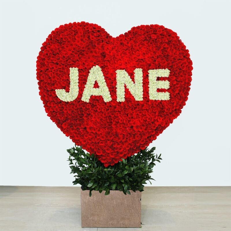 Jane Red Rose Heart Arrangement With a name JANE in white