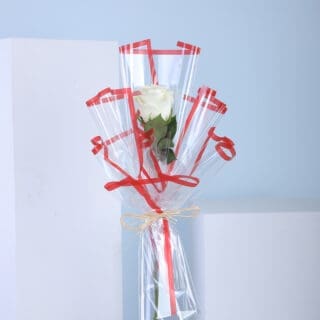 A single white rose in clear wrapping with red ribbons.