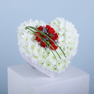 10 white chrysanthemum stems and 2 red baby roses elegantly arranged in a heart-shaped box.