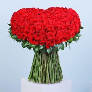 250 long stem red roses surrounded by leaves arranged in a heart-shaped bunch