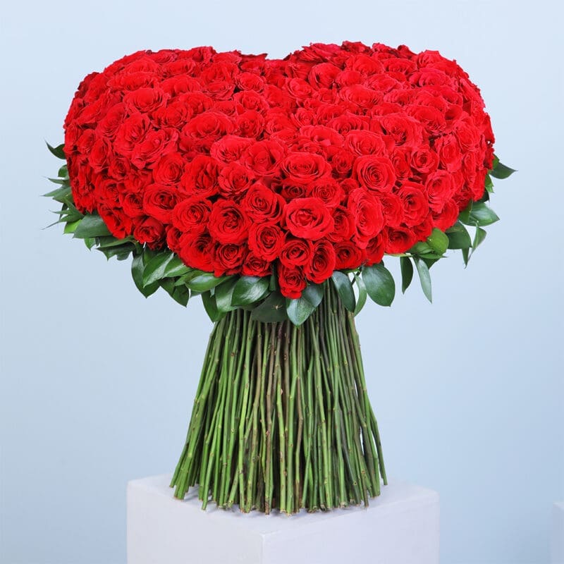 250 long stem red roses surrounded by leaves arranged in a heart-shaped bunch