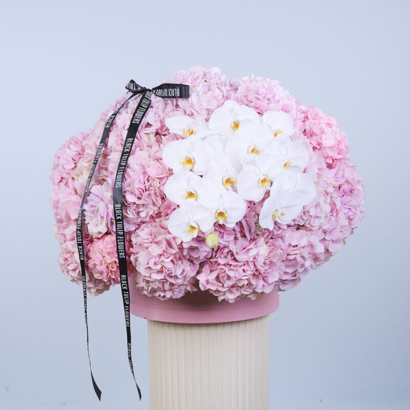 1 Elegant floral gift - a hat box filled with pink hydrangeas and white orchids.