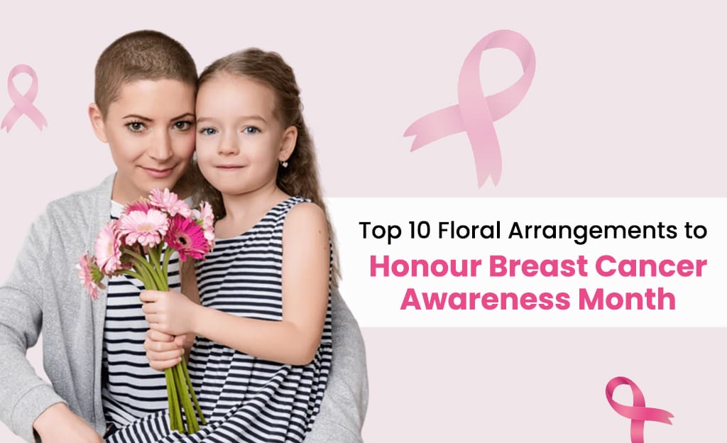 A small, colorful bouquet of flowers being given to a woman as a gift, symbolizing her survival of breast cancer.
