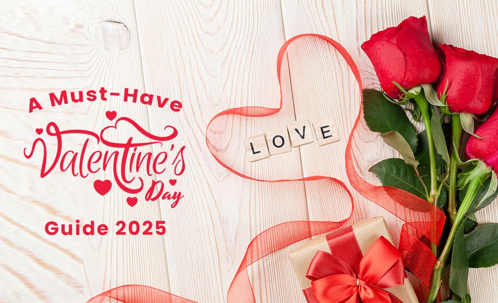 Valentine's Day Guide 2025 banner featuring romantic roses, gifts, and more!