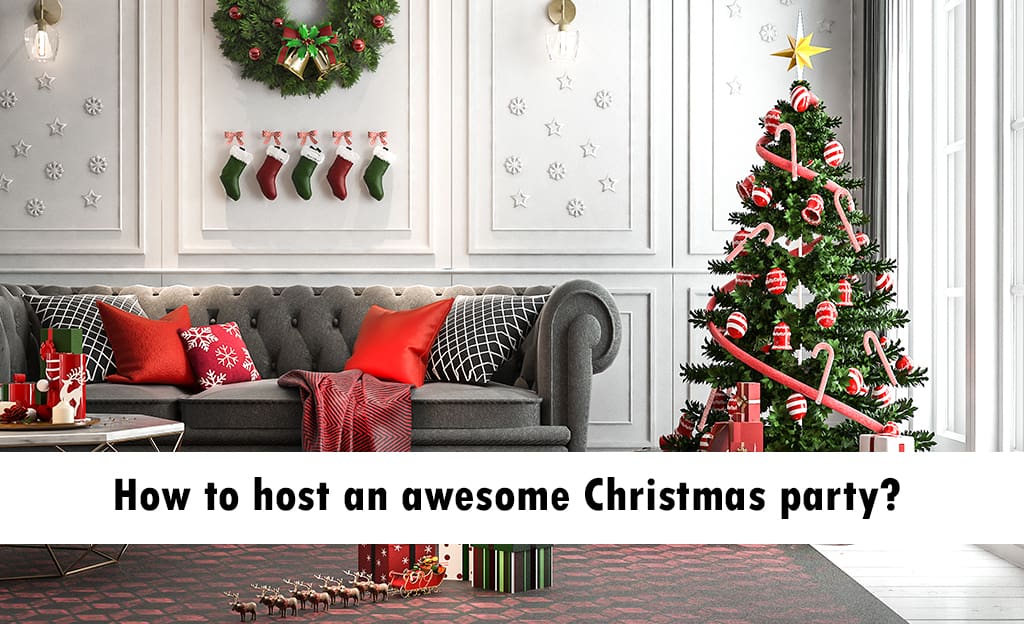 A beautifully decorated living room for Christmas. A large Christmas tree adorned with ornaments and lights stands in the corner. A cozy sofa with red and white pillows is placed in front of the tree. The room is decorated with Christmas wreaths, stockings, and other festive decorations. The text "How to host an awesome Christmas party?" is displayed at the bottom of the image.
