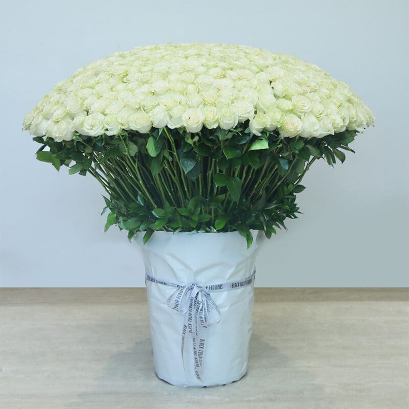 Majestic-White-Roses Explore our elegant collection of white blooms in a large vase, perfect for weddings, anniversaries, and luxurious decor.