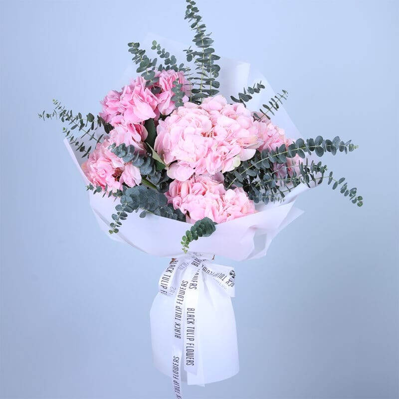 pink-hydrangea-bouquet beautiful bouquet of pink hydrangeas and eucalyptus leaves.