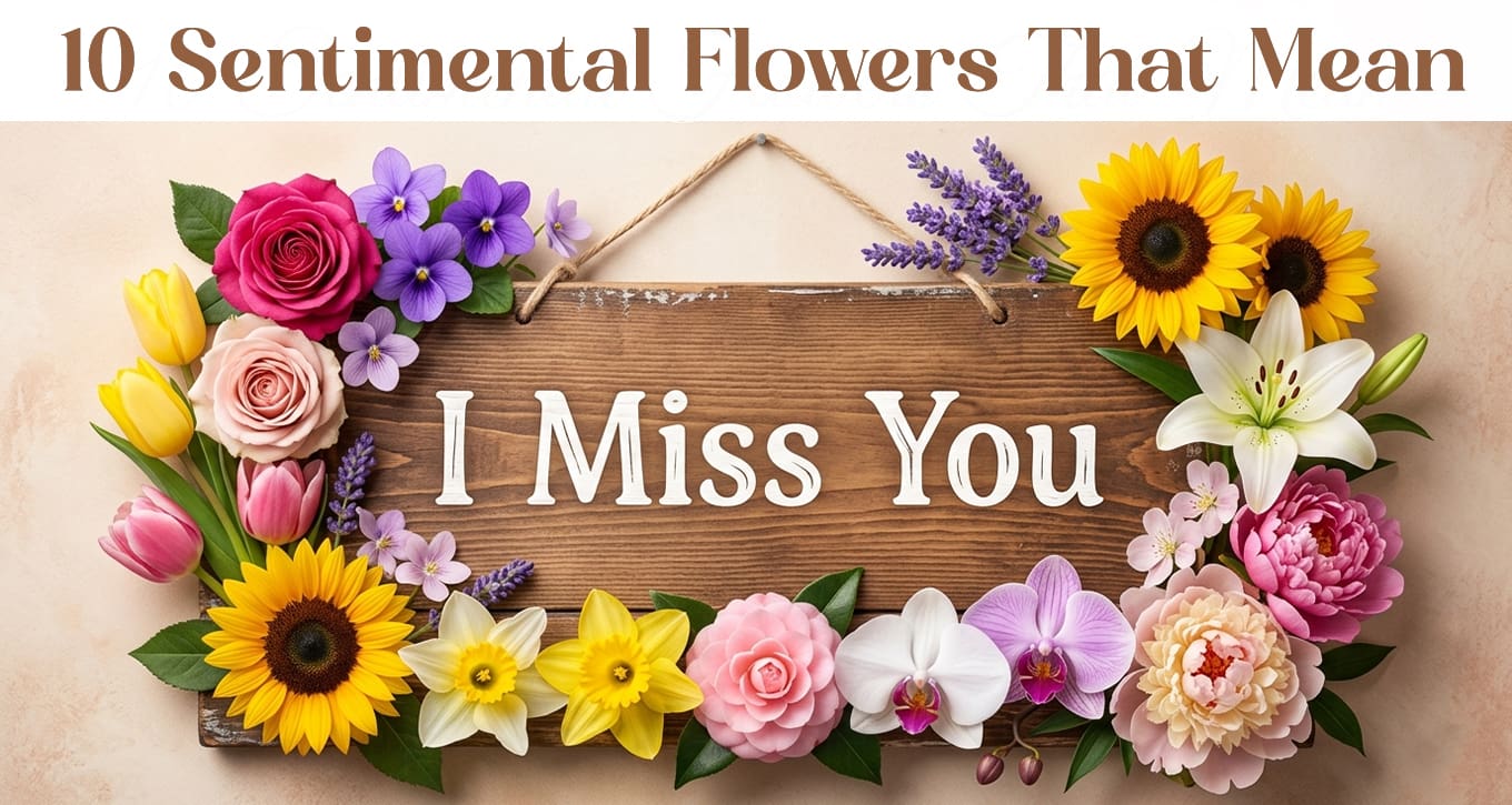 10 sentimental flowers on a light background with stylish text ‘I Miss You’, symbolizing love, longing, and heartfelt emotions.