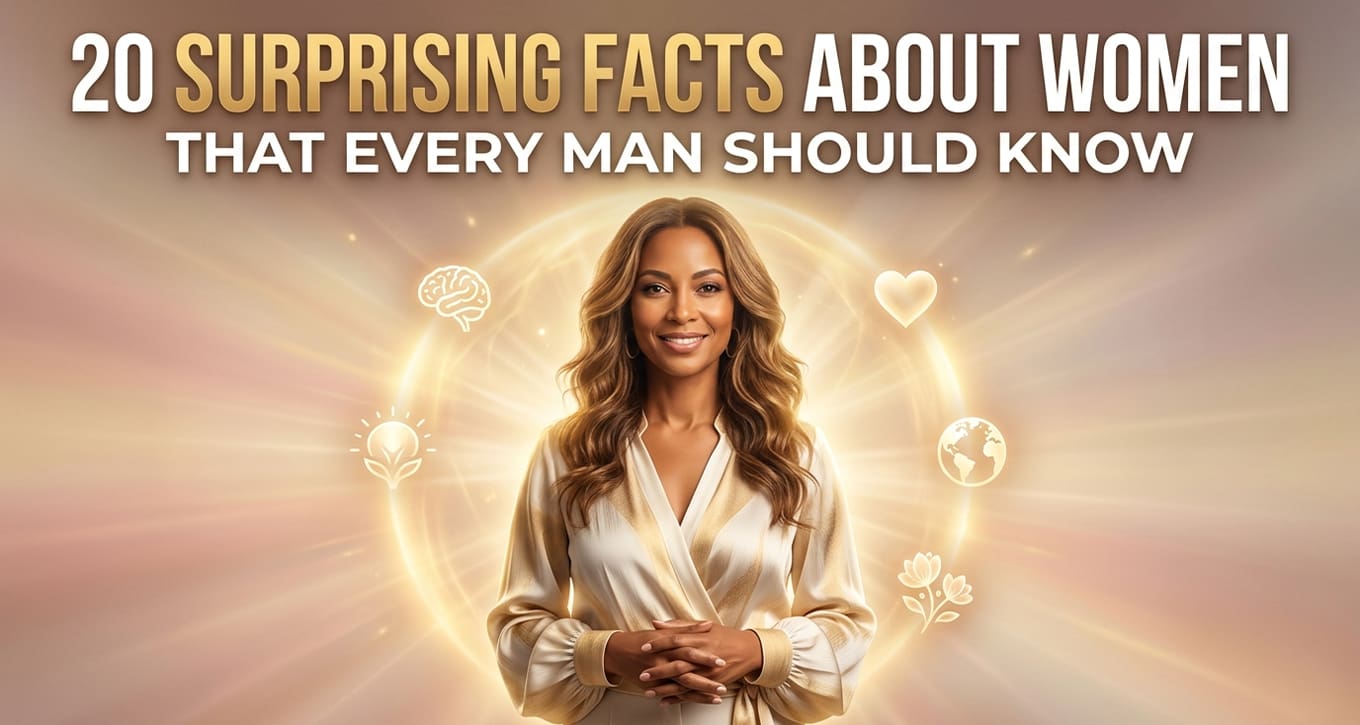 A visual representation of 20 surprising facts about women, aimed at educating men on important insights and perspectives.