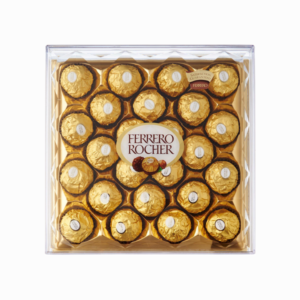 Why UAE Celebrates Mother’s Day in March: A Cultural Insight 12 A square box of Ferrero Rocher chocolates, with 24 chocolates arranged in a grid pattern. The chocolates are wrapped in gold foil and have a round shape.