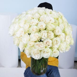 A grand bouquet of 100 pristine white roses with visible green stems, neatly gathered with a natural fabric and elegantly arranged in a tall, clear glass cylindrical vase.