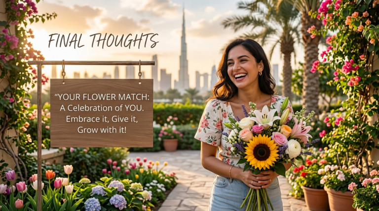 A serene and elegant floral collage with a soft background, featuring a variety of flowers like lilies, sunflowers, and roses, symbolizing reflection, celebration of individuality, and the final thoughts on choosing flowers that match personality and emotions