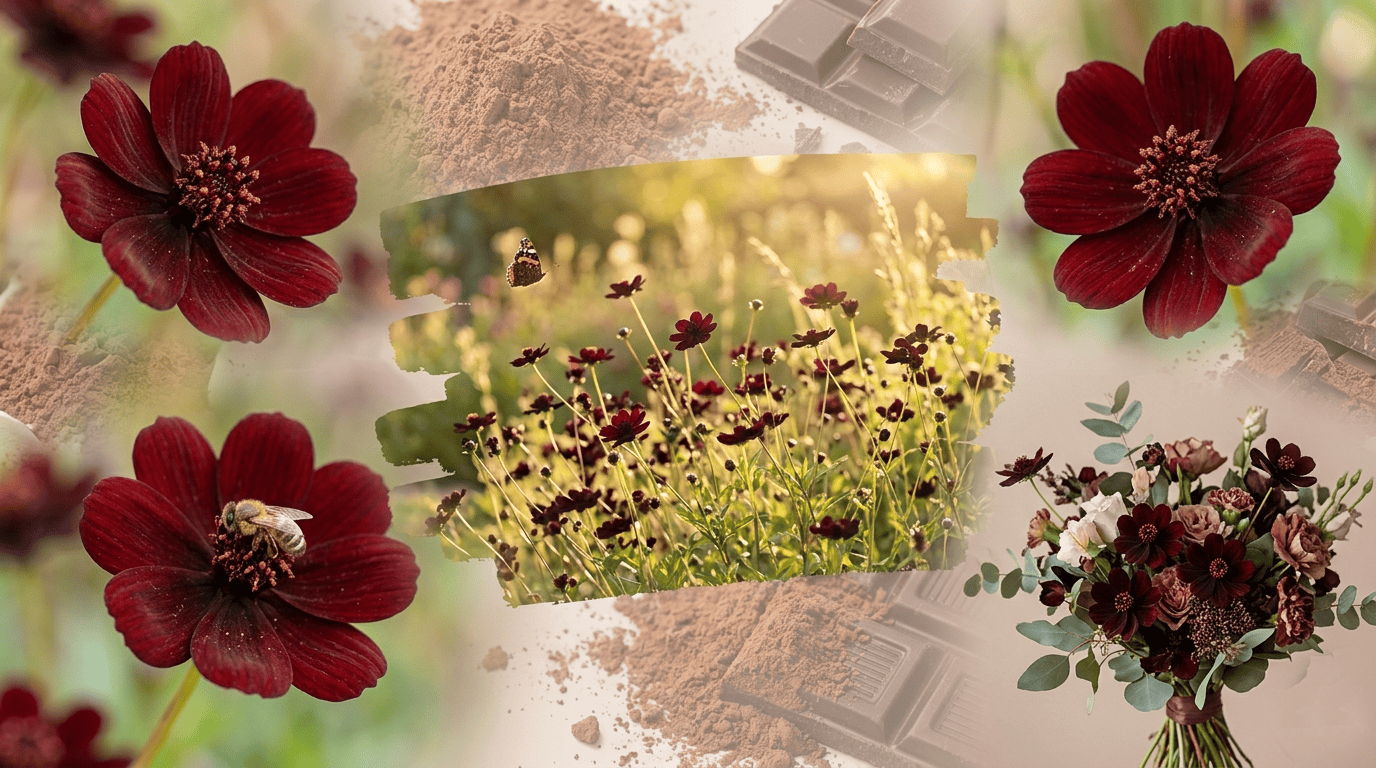 Chocolate Cosmos (Cosmos atrosanguineus) deep burgundy flowers with velvety petals blooming in a garden, known for their rich chocolate-like fragrance and dark red color.