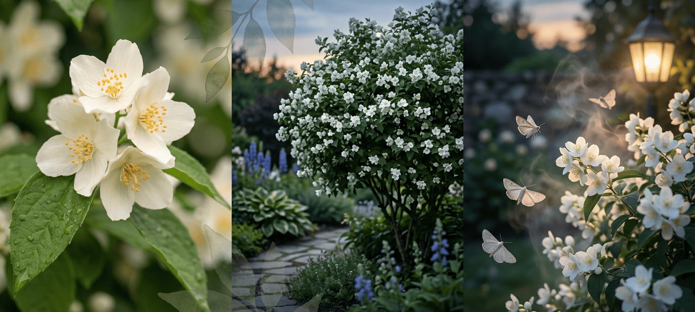 Mock orange (Philadelphus spp.) blooming with white citrus-scented flowers