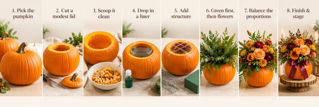 Pumpkin flower arrangement tutorial showing 8 simple steps from pumpkin selection to floral styling