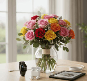 Tech Gadgets with Mixed Bouquets