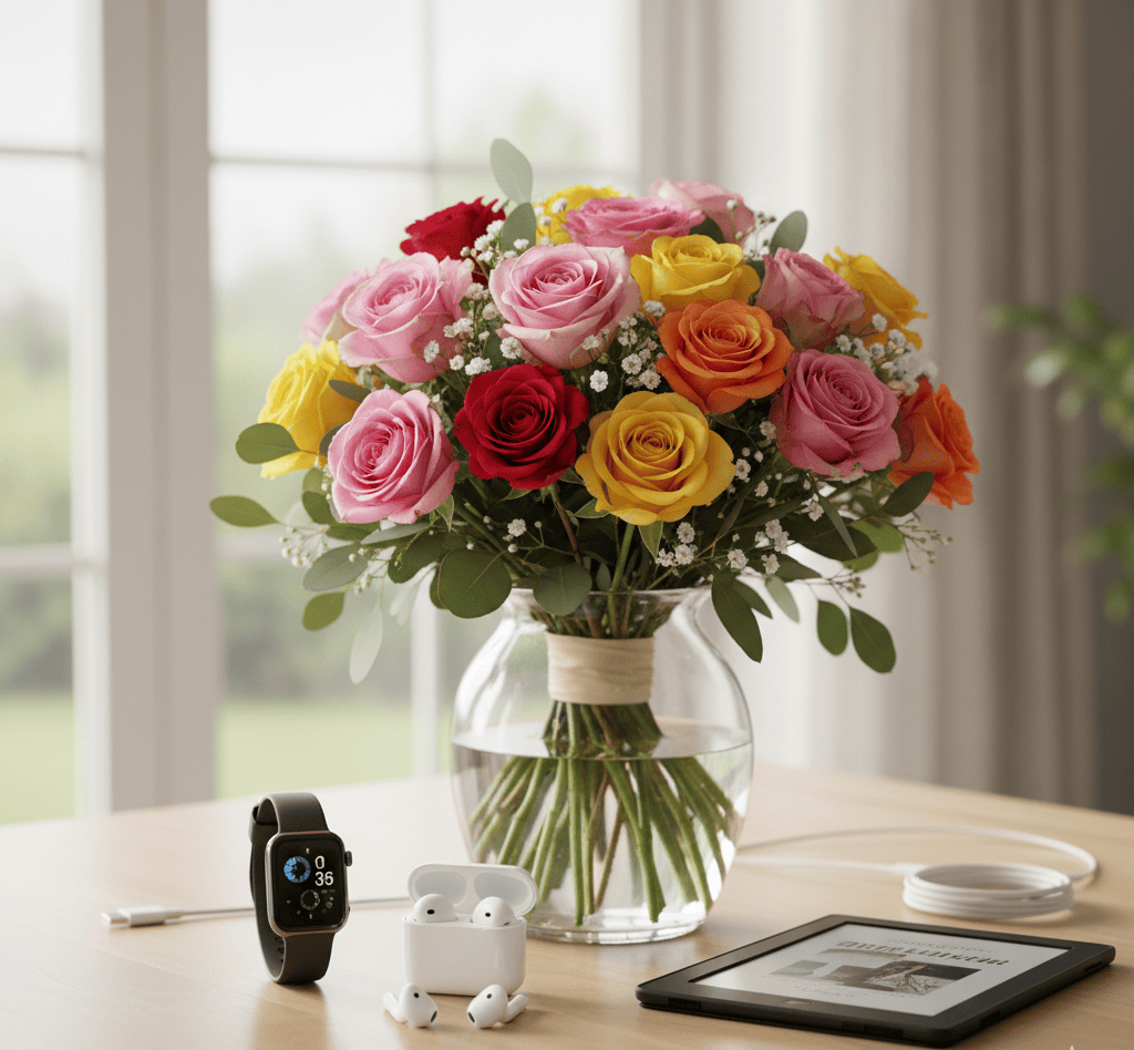 Tech Gadgets with Mixed Bouquets