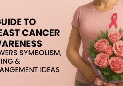 "Breast Cancer Awareness flowers guide with pink roses, symbolic blooms, gifting ideas, and floral arrangements"