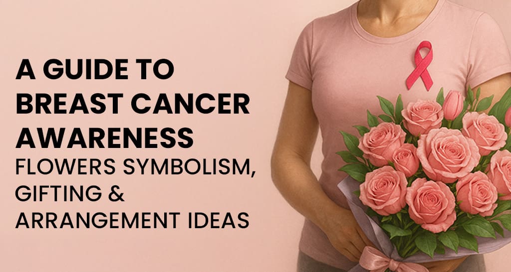 "Breast Cancer Awareness flowers guide with pink roses, symbolic blooms, gifting ideas, and floral arrangements"