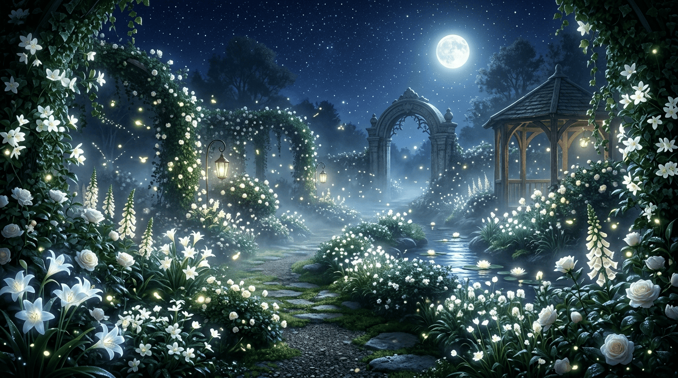 Flowers blooming at night to attract pollinators in moonlight