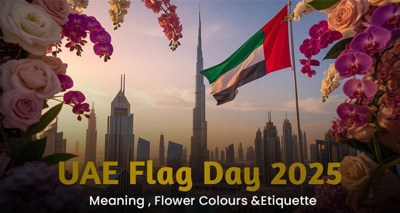 UAE Flag Day 2025 celebration with red, green, white, and black flowers symbolizing national pride, unity, and respect.