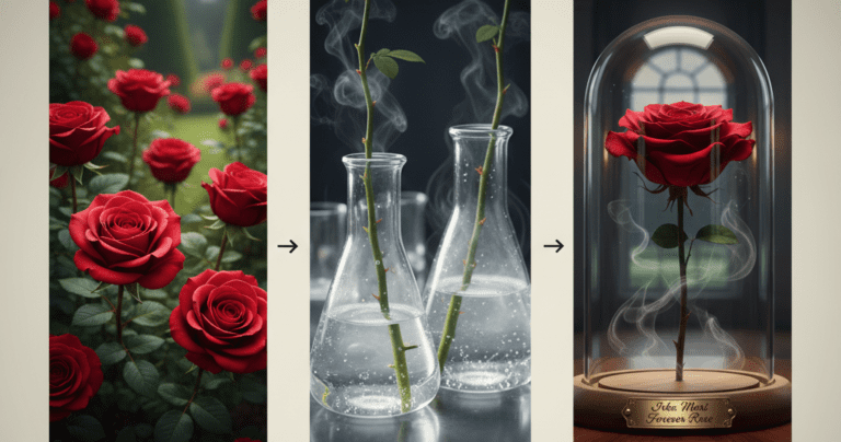 Process of preserving real roses to create forever roses, symbolizing long-lasting beauty and timeless elegance