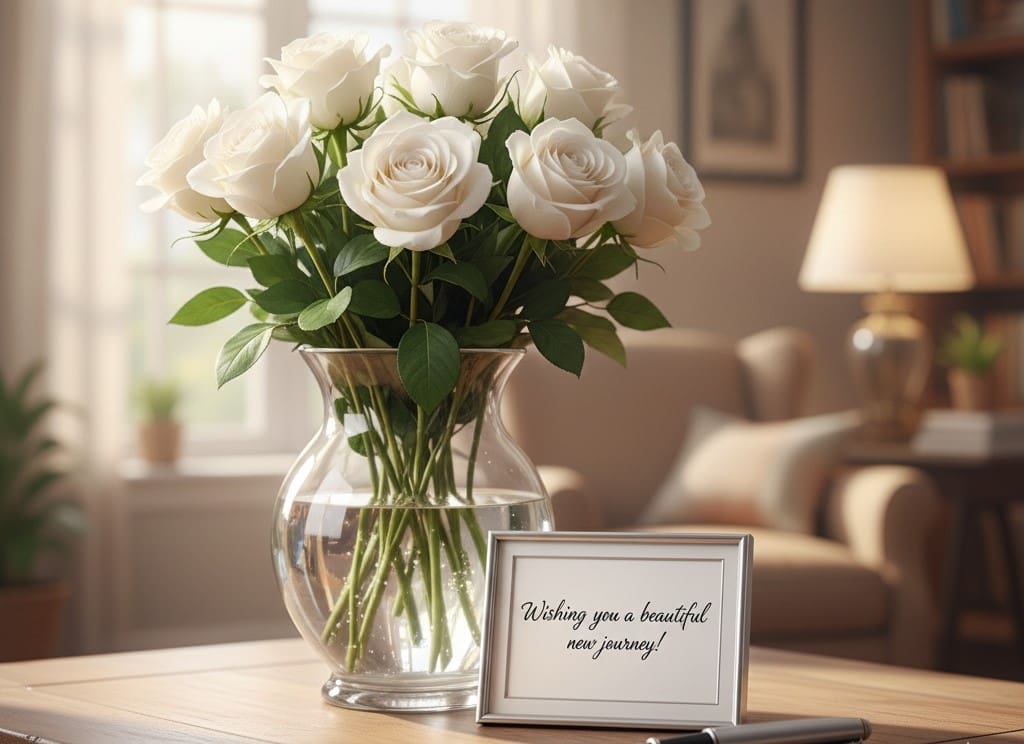 White roses symbolizing purity, new journeys, and fresh beginnings.