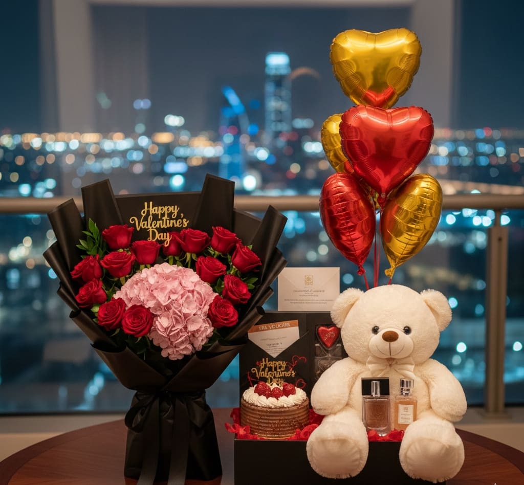 Valentine’s Day flower combos in the UAE featuring flowers paired with chocolates or gifts