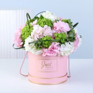 Light pink, green, and white hydrangeas with China grass in a pastel pink round box.