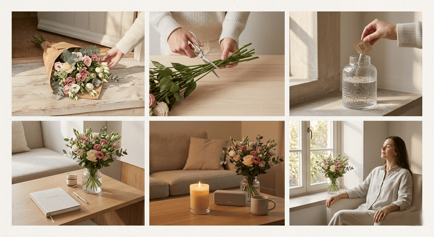 Simple weekend reset routine with fresh flowers tea and journal creating a calm home vibe